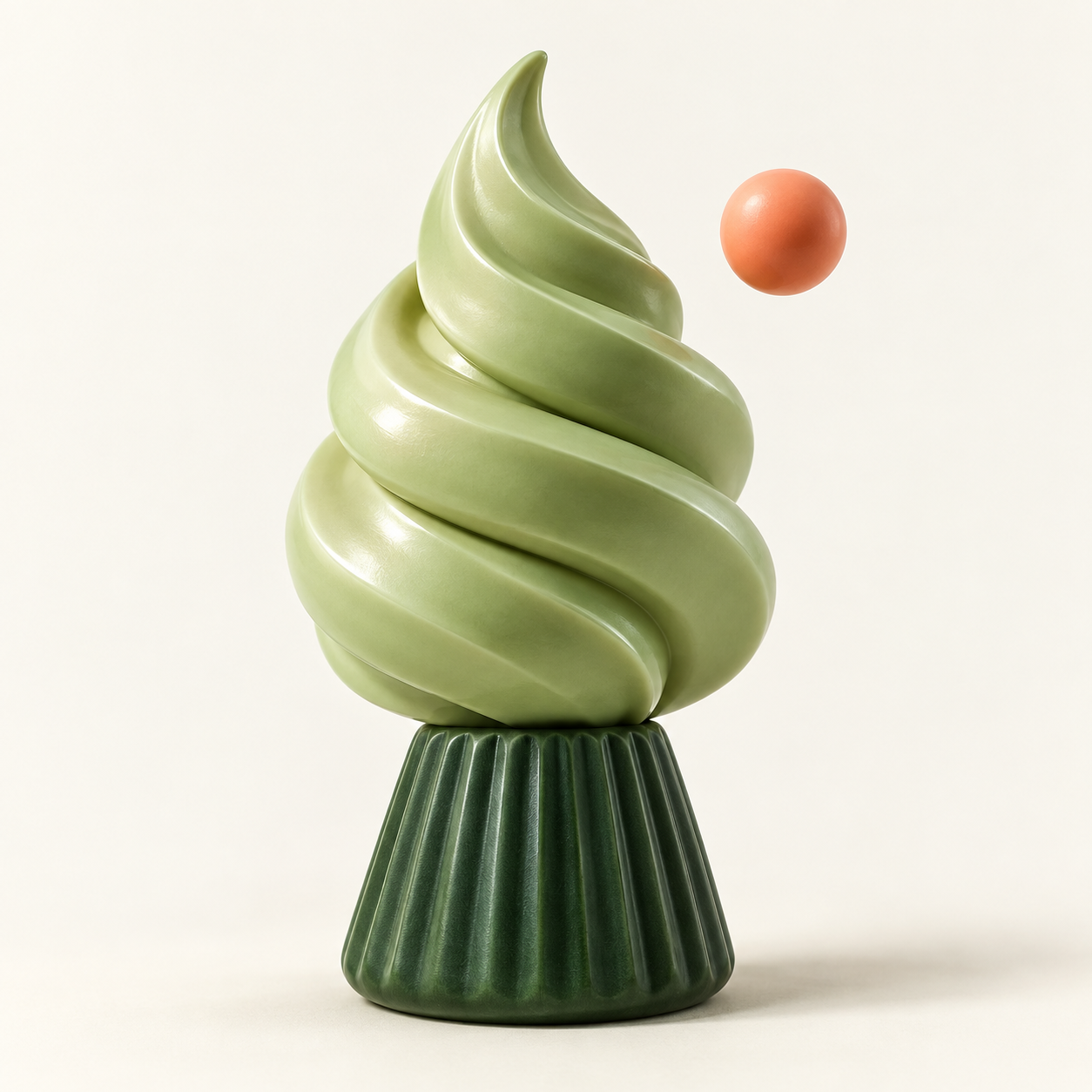 A sculptural pistachio-green swirl on a deep green cone, with a floating coral sphere.
